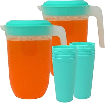 Set of 2 5 pcs Pitcher and Tumbler Set, 2.11 qt Water Pitcher with Lid and 16 oz 4 Tumblers, Durable and Lightweight Drinkware Set, Freezer Microwave Dishwasher Safe Blue