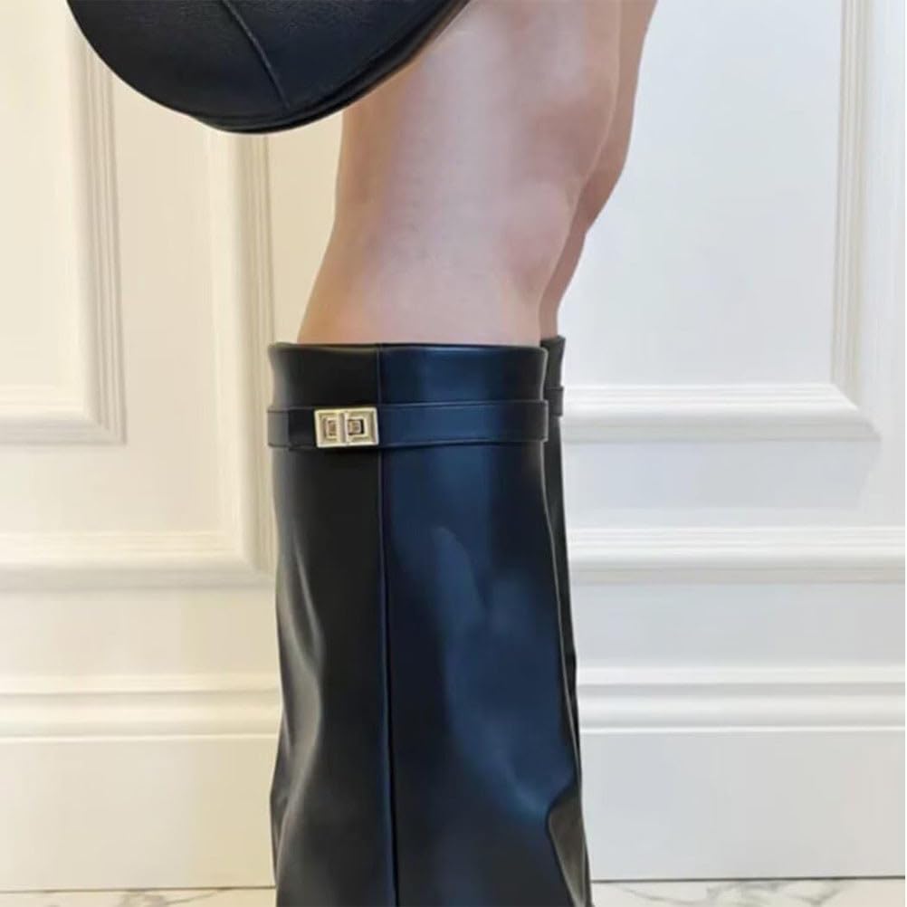 Stivali Donna Invernali Cowboy Stivaletti Alti Tacchi Biker Fold Over Boots con Tacco