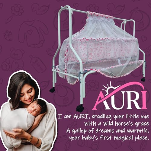 Image of Kiddery Auri | Cradle for Baby | New Improved Mattress Design | Mosquito Protection Net | Smooth Swing | All Wheel Lock | Palna | Jhula | Uyyala | 0-10 Months | Pink