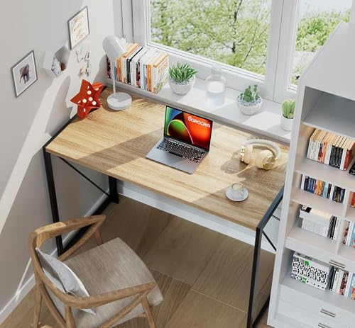 Image of Modern Wooden Computer Desk Home Office Study Desk with Metal Frame, Minimalist Writing Desk Laptop PC Workstation Table for Home Office Study Room Bedroom (Brown)
