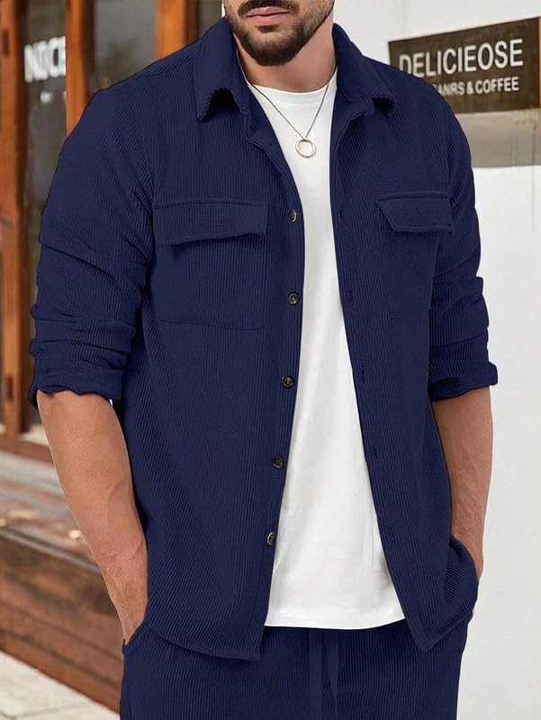 Image of Men Corduroy Casual Jacket Full Sleeve Self Design Button Front with Spread Collar, Woven Cord Lining and Two Pockets for Casual Outings