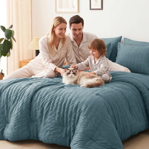 Image of CozyLux Oversized Queen Comforter Set with Sheets, 7 Pieces 98 inchx98 inch Mineral Blue Seersucker Bed in a Bag, Luxury Soft Bedding Sets with Down Alternative Comforter, Sheets, Pillowcases & Shams
