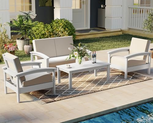 GREENVINES Deluxe 4-Piece Patio Furniture Set | HDPE Plastic | Outdoor Sectional Conversation Sets |...