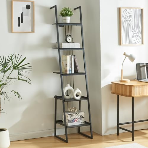 [en.casa] Estantería Escalera Storfjord de 5 Niveles Librería con 5 Estantes para Salón Cocina Baño Oficina En Forma de Escalón Aglomerado/Metal 184x40x40 cm - Negro