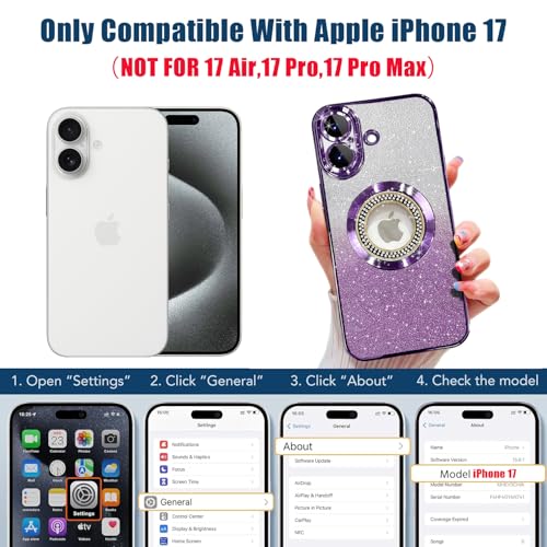Image of Misscase for iPhone 17 Magnetic Glitter Case Compatible with MagSafe,Full Protection Slim Shockproof Anti-Scratch Case with Camera Lens Protector Plating Bling Dust-Proof Net for Women Purple