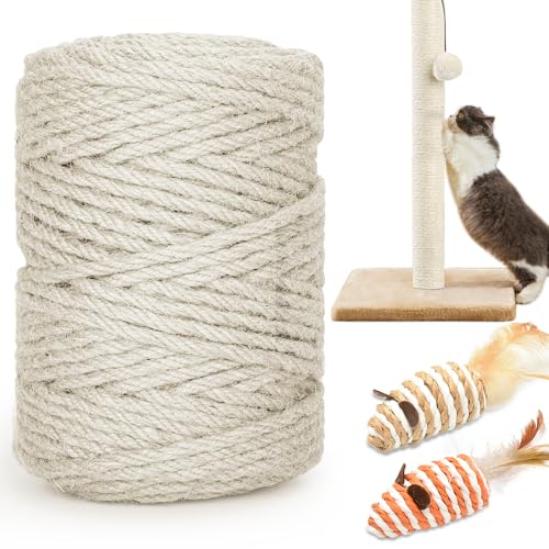 HezzLuv 328FT/100M Cat Scratching Sisal Rope, 6mm Thick Natural Jute Rope for Scratch Posts, Cat Trees, DIY Projects, Sisal Rope for Cat Scratcher with 2 Cat Mouse Toys (White, 328ft)