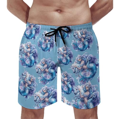 Unicorns Mermaids Men's Swim Trunks Quick Dry Beach Board Shorts with Mesh Lining Swimwear Bathing Suits