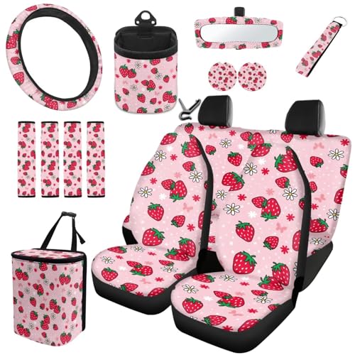 gearider Car Accessories Pink Strawberry Car Seat Cover Full Set Include Cup Coasters Key Chain Rearview Mirror Cover Trash Can Steering Wheel Covers and Seatbelt Pads Car Interior Decor