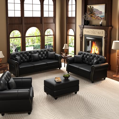 Image of KEIKI 3-Piece Chesterfield Sofa Set with 1 Faux Leather 3-Seater Sofa & 1 Loveseat & 1 Single Sofa, 6-Seater Couch Set with Nailhead Trim & Rolled Arms & 1 Ottoman & 6 Pillow, for Living Room, Black