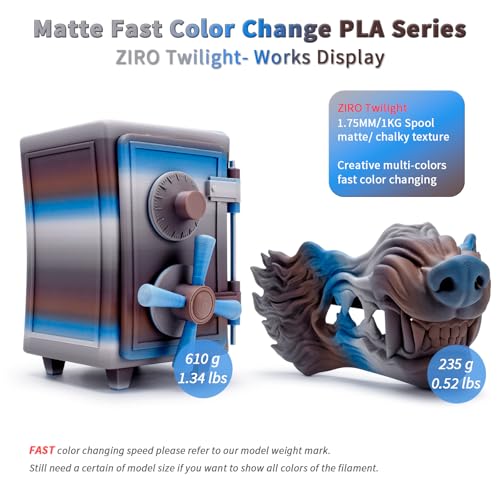 Image of ZIRO Color Change Filament, Matte Gradient Rainbow 3D Printer Filament, Faster Color Changing by Length PLA, Dimensional Accuracy + /-0.03mm, 1KG / 2.2lbs Spool, Fit Most FDM 3D Printer, Twilight
