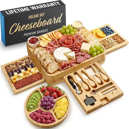 Image of Zulay Kitchen Premium Bamboo Cheese Board Set - Extra Thick Bamboo Charcuterie Board Set with 4 Piece Knife Set - Wooden Cheese Board is Perfect for Charcuterie, Wine and Cheese (Deluxe Set)