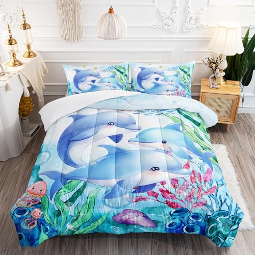 XYNHML Dolphins Animal Aqua Blue Green Sea Comforter 3pcs Full Kids Coral Jellyfish Comforter Set for Boys Girls Ocean Waves Bedding Fish Quilt Bed Set with 1 Comforter and 2 Pillowcases