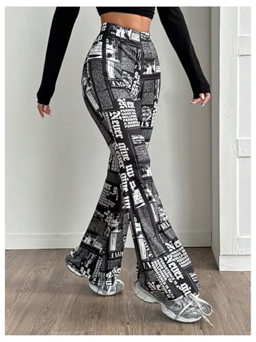 WDIRARA Women's Newspaper Print Flared Pants Elastic Waist Bell Bottom Trousers2