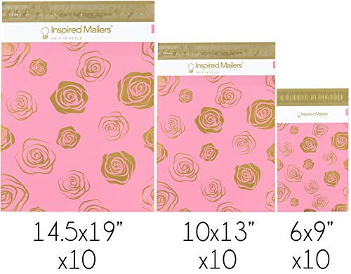 Image of Inspired Mailers - Poly Mailers Variety Pack - Gold Roses Deluxe - 30 (10 Each: 6x9, 10x13, 14.5x19 Sizes) - 3.15mil Unpadded Mailing Envelopes