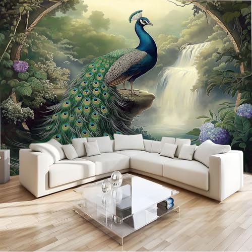 Verde Fotomurales 3D Paisaje Natural Cascada Animal Pavo Real Papel Pintado Fotográfico Decoración De La Pared 200 X 140 Cm Para Salón, Dormitorio, Habitación Infantil O Pared De Tv