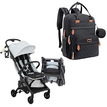 BabbleRoo Hoplite Travel Stroller Sea Foam & Original Diaper Bag Black