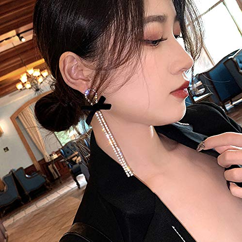 Missgrace Bohemian Dainty Silver Long Rhinestones Tassels Black Bowknot Statement Drop Dangle Earrings For Women Fashion Girls Tessels Earrings Set Stud Hoops Bar Earrings Set For Women (Pattern 2) #TOP1