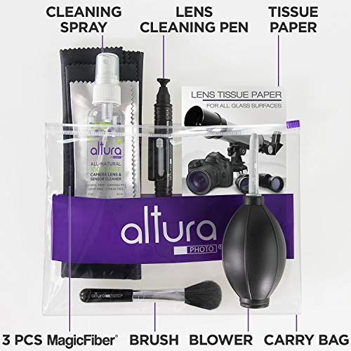Image of Altura Photo Camera Cleaning Kit, All-Natural Lens Cleaner, DSLR Mirrorless | Includes All-Natural Cleaner, Brush, Pen, Blower, Microfiber Cleaning Cloths & Tissue Wipes for Canon Nikon Sony DSLR Cameras