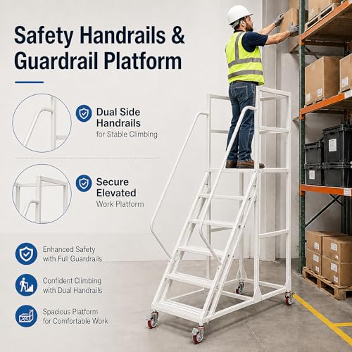 Image of 6 Step Rolling Ladder with Handrails, 1100 lbs Capacity Heavy Duty Mobile Warehouse Ladder with Wheels, Industrial Steel Non-Slip Rolling Stairs with Large Platform, for Garage Stockroom Library