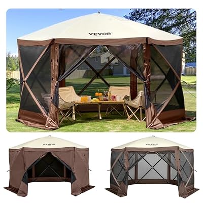 VEVOR Pop Up Gazebo Screen Tent 6 Sided Canopy Sun Shelter with 6 Removable Privacy Wind Cloths & Mesh Windows, 11.5x11.5FT Quick Set Screen Tent with Mosquito Netting, Brown