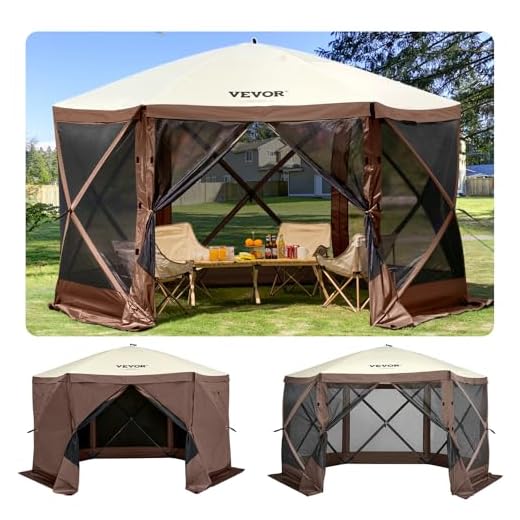 VEVOR 12 * 12ft 6 Sided Pop-up Canopy Shelter Tent with Mesh Windows, Portable Carry Bag, Stakes, Large Shade Tents for Outdoor Camping, Lawn and Backyard, Brown/Beige