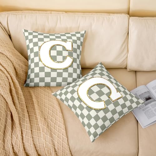 Image of Erosebridal Sage Green Checkered Throw Pillow Covers 16x16 Set of 2 Plaid Initial C Pillow Covers Personalized Monogram Cushion Cover Fashion Grids Gingham Pillow Cases for Couch Sofa