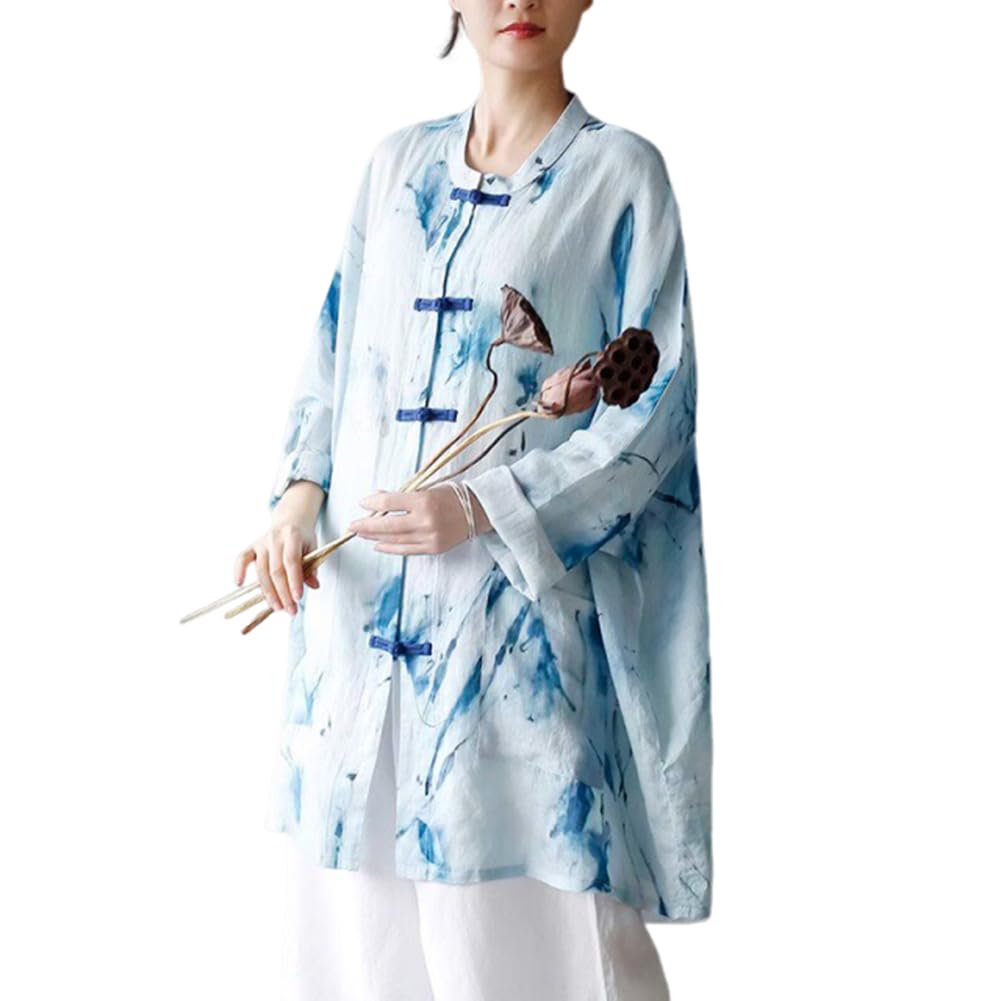 PRINCESS BRIDE Chinatown Haut en coton et lin brodé pour femme Grenouille Bouton Cardigan Long Trench Coat Outwear Loose Shirt Veste pour Cadeau, Taille unique, Bleu