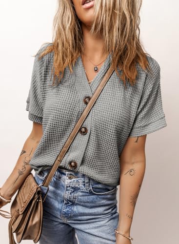 Image of Dokotoo Womens Summer Tops 2026 Waffle Knit Button Down Shirts Casual V Neck Short Sleeve Shacket Jacket Dressy Blouses