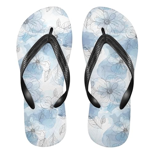 Floral Leaf Sketch Blue Flip Flops for Beach Thong Sandals Anti-slip Lightweight Beach Shoes for House Indoor Outdoor