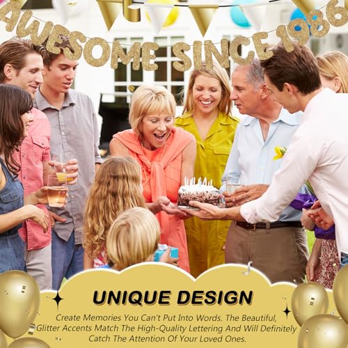 Image of Fulmoon Pre-strung Awesome Since 1986 Banner Glitter Happy 40th Birthday Banner Funny 40th Birthday Decorations 1986 Party Decorations for Men Women Anniversary(Champagne Gold)