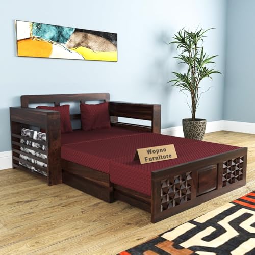 Image of Solid Sheesham Wooden 2 Seater Sofa Cums Bed with Mattresses for Home Living Room | Rosewood 2 Seater Sofa Cums Bed for Bedroom Without Pillow | Wooden Sofa Bed (Walnut, 2 Seater)