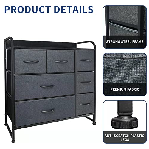 Murealy Fabric Dresser For Bedroom - Dresser With 7 Drawer, Fabric Dresser Tower, Drawer Chest For Closet, Living Room, Office, Entryway, Storage Dresser With Steel Frame, Wood Top, Easy Pull Handle #TOP4