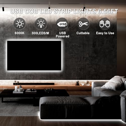 Image of L8star COB Led Strip Light 6.56Ft /2M, 5V USB Powered, 6000K White COB Light Strip with Dimmer Switch Control for for Counter, Bedroom, TV, Kitchen Cabinet, Shelves