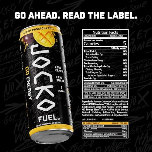 Image of Jocko Fuel GO Energy Drinks, Mango Passionfruit - 95mg Caffeine with Added Adaptogens, Vitamin B12 & B6, & L Theanine for Mood & Focus Support, No Sugar, 12 Pack - Packaging May Vary