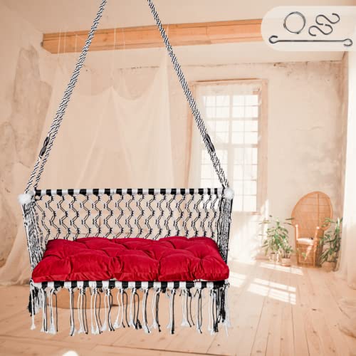 Image of Patiofy Premium Large Double Seater Swing Chair /Hanging Hammock Swing Chair for 2 People /Jhula for Adults & Kids / 2 Seater Swing for Balcony, Free Hanging Kit & Sitting Cushion Included(White-Black)
