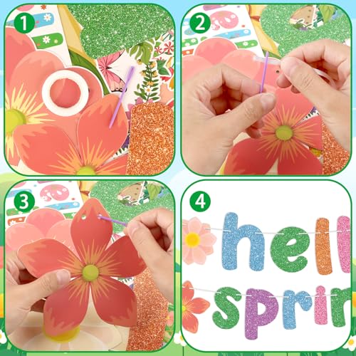 Image of Hooqict Spring Party Decorations Hello Spring Banner with 15Pcs Flower Butterfly Hanging Swirl Ceiling Streamers for Springtime Easter Birthday Party Decorations Home Office Classroom Garden Decor
