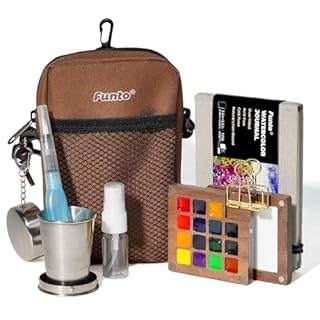 Funto Mini Watercolor Paint Set, All-in-One Walnut Wood 15-Color Premium Pocket Travel Paint Kit, with Crossbody Bag,Watercolor Journal, Metal Clip, Paint Water Cup, Water Brush Ideal for Art Lovers