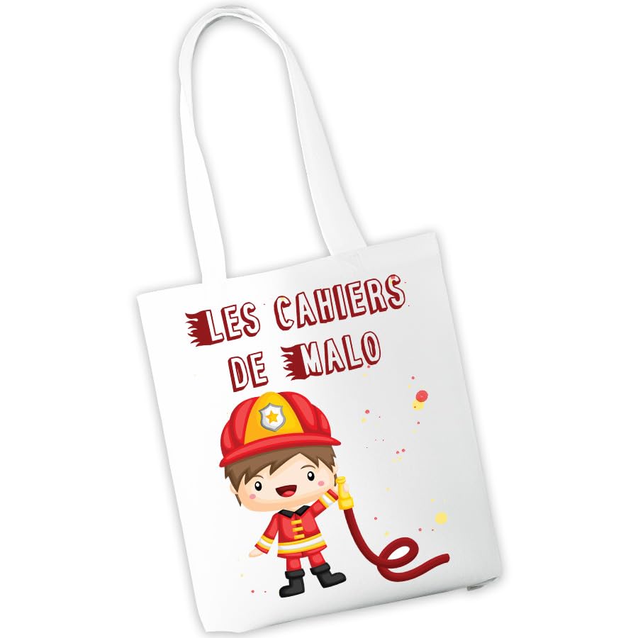 Sac à cahiers personnalisé - Sac de transport pour cahiers et livres d'école ou de bibliothèque - Prénom et motif au choix - Cadeau rentrée scolaire, maternelle, crèche, école (Pompier)