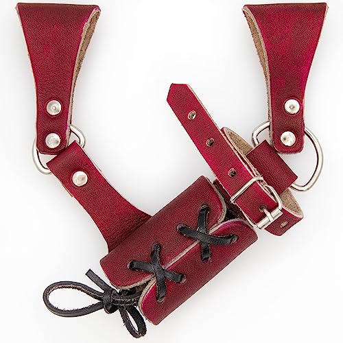 Armory Replicas – Handcrafted Leather Sword Frog – Medieval Costume Adjustable Weapon Belt Holster Holder – Left Handed - Crimson Red w/Black Cord