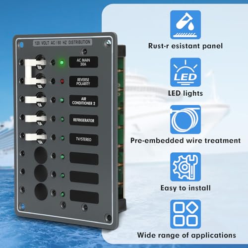 noblequest 30A 120V AC Main Circuit Breaker Panel 6-Position Metal Panel with Pre-Wiring and Red LED Reverse Polarity Indicator, 5-1/4 W x 7-1/2 H for Marine RV Yacht