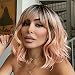 NOBLE Pink Wigs with Bangs Synthetic Non Lace Wig Natural Wave Short Curly BOB Hair Wigs for Cute Girl Colorful Ombre Wig (12inches, rose pink)