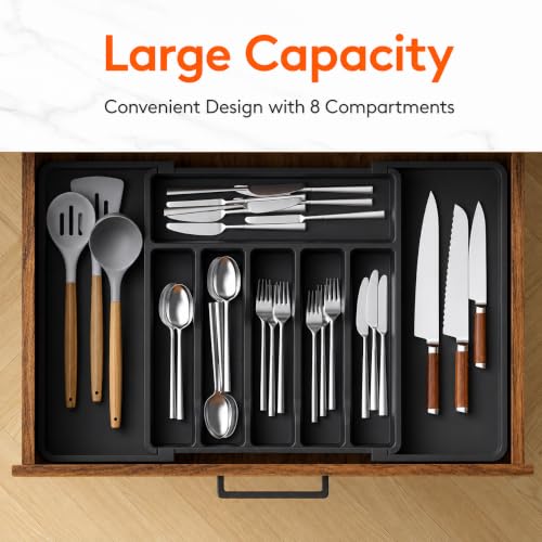 Image of Large Silverware Drawer Organizer, Expandable Utensil Tray for Kitchen, BPA Free Flatware and Cutlery Holder, Adjustable Plastic Storage for Spoons Forks Knives (Black, 8 Drawer-Pack Of 1)