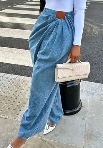 Womens Wide Leg Baggy Jeans Mid Waist Pleated Harem Denim Pants Plus Size Loose Barrel Casual Trousers3