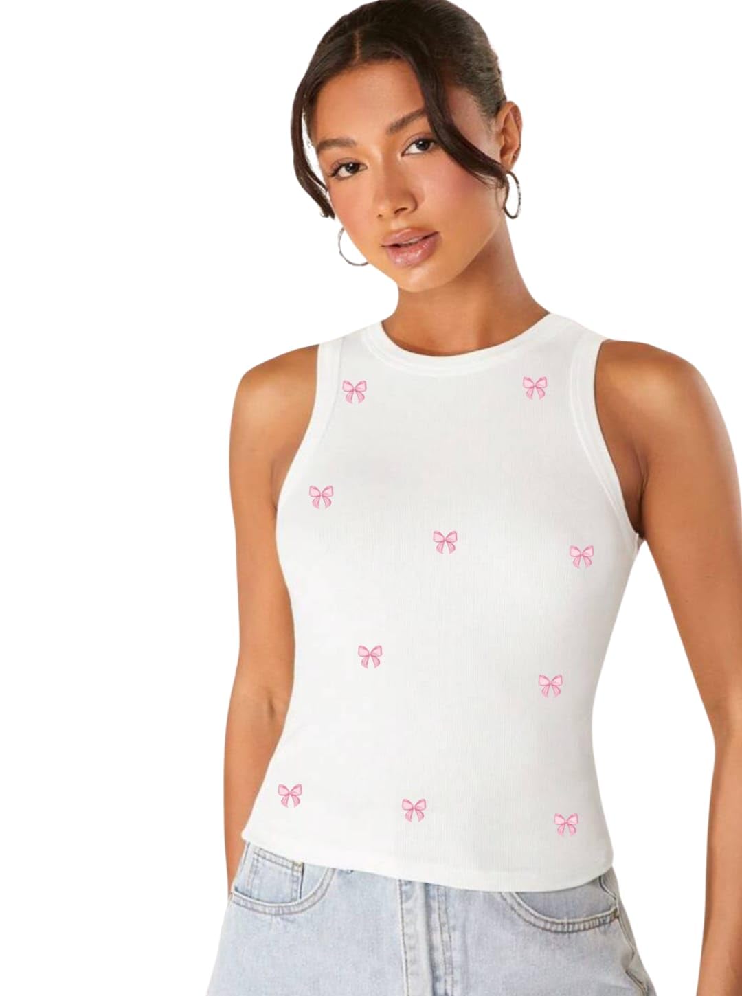 baeship studio Women's Sleeveless Bow Print Ribbed Tank Top - Cute Fitted Cotton Blend Vest for Summer - Casual Streetwear Crop Top-picture-29