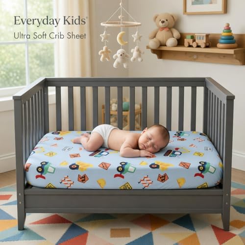 Image of Everyday Kids Baby Boy Fitted Crib Sheet, Under Construction, 100% Soft Breathable Microfiber Baby Sheet, Fits Standard Size Crib Mattress 28in x 52in, Nursery Sheet