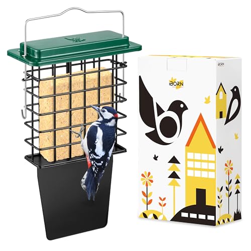 iBorn Suet Feeder with Tail Prop,Woodpecker Feeder,Suet Feeders for Outside Hanging,Suet Bird Feeders for Outdoors,Heavy-Duty Suet Cage,Suet Holder,Rainproof Roof,Easy Clean and Refill,Black,1 Pack