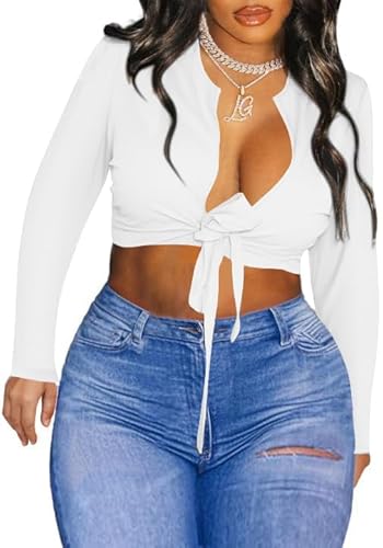 LovelyWholesale Long Sleeve Crop Tops for Women Sexy Tie Front Top Deep V Neck T Shirts Clubwear White Medium