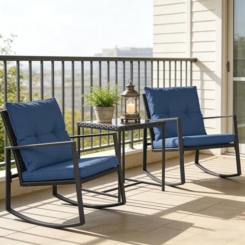 SUNCROWN 3-Piece Outdoor Rocking Chairs Patio Bistro Set Patio Brown Wicker Chairs with Glass Coffee Table, Dark Blue Cushion