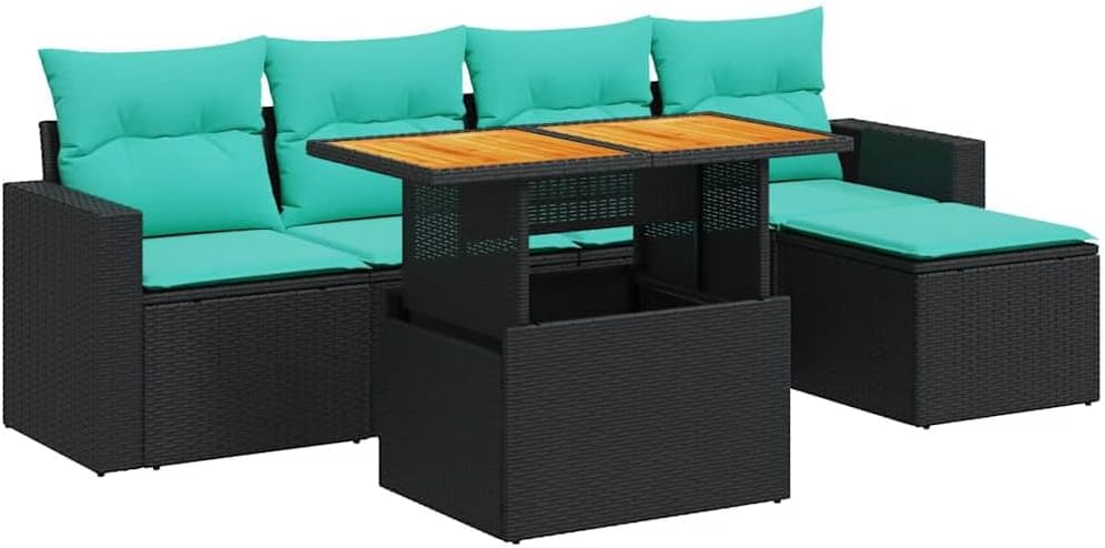 6 Piece Patio Sofa Set with Cushions Black Poly Rattan Outdoor Furniture Set Garden Seating Ensemble for Outdoor Backyard