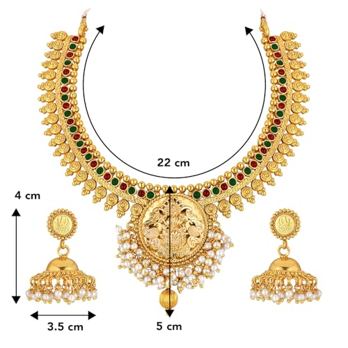 Aheli Indian Traditional Temple Necklace Jhmki Jhumka Dangle Earring Set Studded with Faux Stone Bollywood Wedding Jewelry Gift for Women4